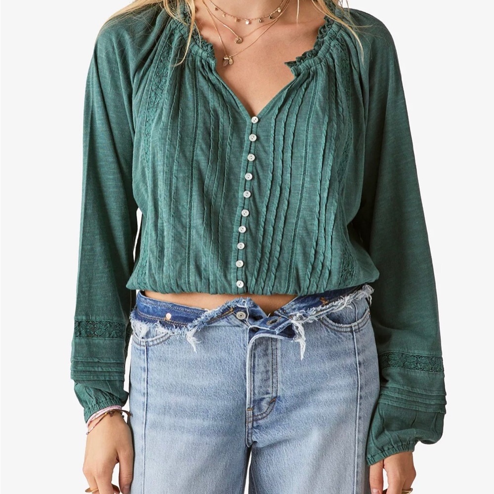 Lucky Brand embroidered lace-trimmed peasant top, NWT, green, Sz M